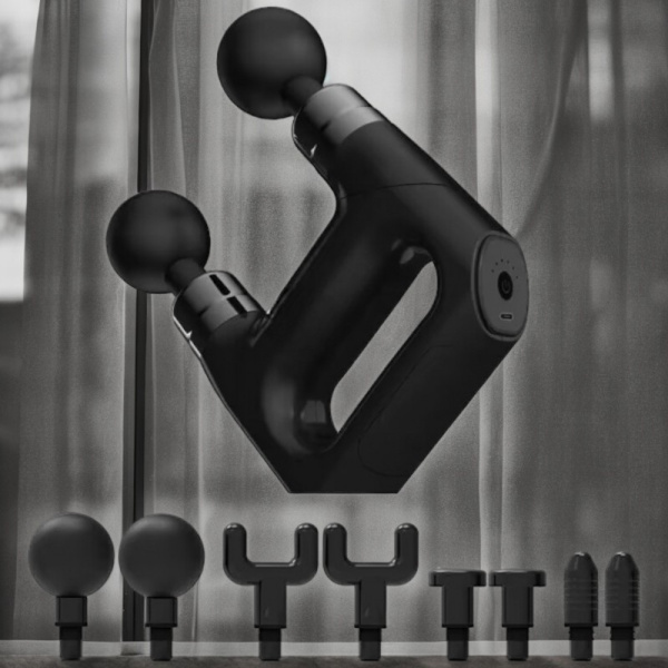 Перкуссионный массажер для тела 4в1 и с двумя массажными головками / Компактный ударный массажер-пистолет